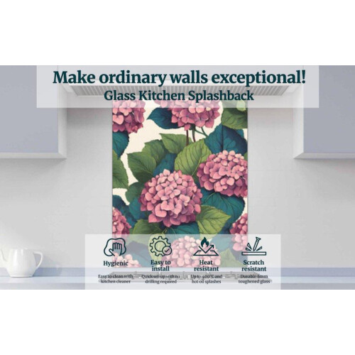 Printed Glass Kitchen Splashback - Vintage Hydrangea Flower 1200x750mm 2
