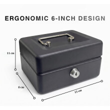 Requisite Needs Metal Money Box Tin 6" Steel Cash Safe Box Petty Cash Deposit Tin with Lock 2 Keys for Security (BLACK)