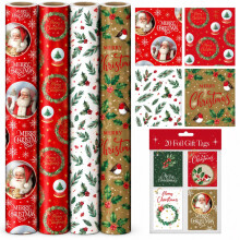 Christmas Wrapping Paper 4 Rolls 4M with 20 Tags Traditional