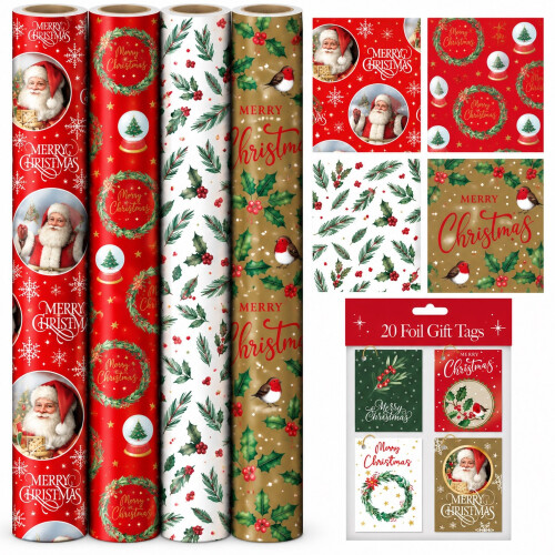 Christmas Wrapping Paper 4 Rolls 4M with 20 Tags Traditional