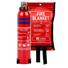 Small Home Fire Safety Pack, Small 950g Aerosol Dry Powder Fire Extinguisher & 1m x 1m Soft Case Fire Blanket (950g Fire Extinguisher)