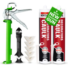 White Decorators Caulk Kit | 2 Paintable Caulk Tubes (290ml x 2) + Drip Control Caulking Gun | Finishing Tool & Scraper | Interior Gap Filler | Skirt