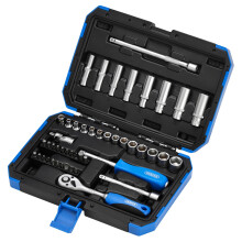 Draper 1/4" 47 Piece Square Drive Metric Socket Set | Micrometre Reversible Hand Tool |Soft Grip Ratchet | 21 Metrics Sockets Mechanics Car Tools | Pr