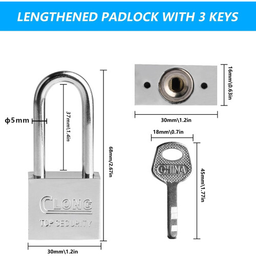2 Pcs Long Shackle Padlocks with Keys, Heavy Duty Padlock with Keys 1