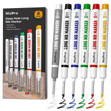 Nicpro 6 PCS Long Nib Marker Pens, 20mm Deep Hole Marker, Quick Dry & Waterproof Construction Markers, Long Head Markers for Metal, Steel, Tile, Glas