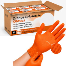 Ruiyang 500 Orange Nitrile Work Gloves Medium, Heavy-Duty Extra-Thick, Diamond Grip, Grip Non-Slip, Latex-Free, Powder-Free – Mechanics & Automotive