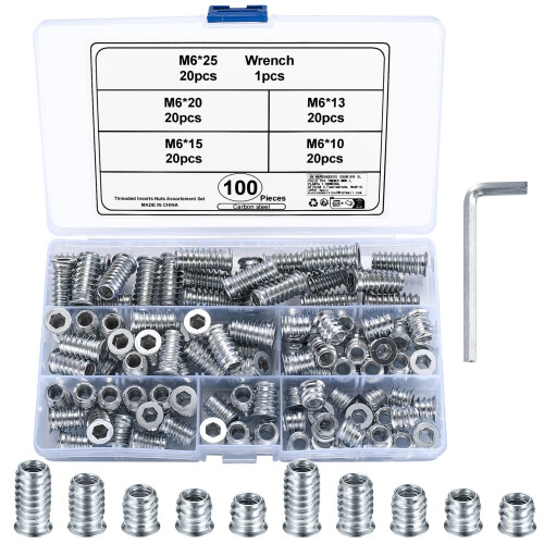 100 Pcs M6 Carbon‑Steel Flanged Hex‑Socket Threaded Inserts for Wood