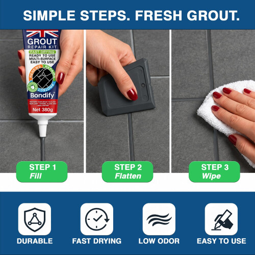 BONDIFY Waterproof Dark Grey Grout Repair Kit Ready Mixed FAST DRYING 380g 1
