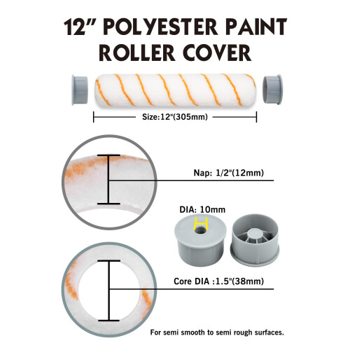 ROLLINGDOG 12" Paint Roller Sleeves - Polyester, 12mm Medium Pile, 3 Pack 1