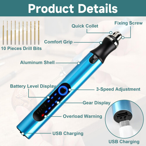 3-Speed Electric Mini Drill Pen, USB Rechargeable Hand Drill, 10 Drill Bits 2