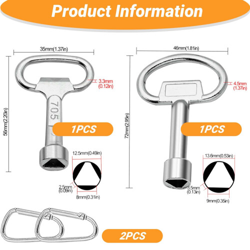 SVOCK 2Pcs Silver Metal Triangle Key, 9mm and 8mm Triangle Key for Meter Box Triangular Utility Socket Panel Keys, Triangle Socket Spanner Key with 2 1