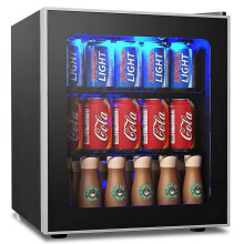 COSTWAY 46L Mini Fridge, 60 Can Quiet Frost Free Fridge with LED Light, 2 Adjustable Removable Shelves, Glass Door and Temperature Control, Table Top