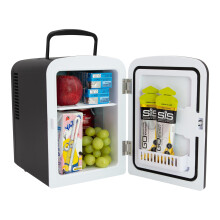Global Gizmos 33279 Black Mini Fridge/Table Top Fridge for Bedrooms/Portable Design with Carry Handle / 4 Litre Capacity/Ideal for Snacks, Beauty, Sk