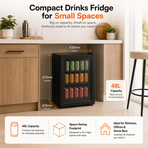 Cookology 70L Under-Counter Drinks Fridge - Beer & Wine Storage - Black 2