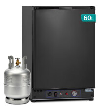 Techomey 3 Way Fridge Camping 60L, Gas/12V/240V Fridge for Motorhome, Campervan, Caravan, Off-grid, Domestic, Reversible Door, Black, 0-10