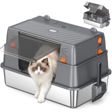 XXL Stainless Steel Cat Litter Box with Side 100 Flip-Top Lid, Deep Grey
