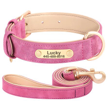 SEOUGEE Personalised Leather Dog Collar and Leash Set, Soft Padded Leather Dog Collars Heavy Duty with Custom Engraved Name Plate Adjustable for Smal