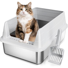 Stainless Steel Cat Litter Box for Small Cats, Odor Free Metal Litter Tray with High Sides Lid, Open Top Low Entry Litter Pan Include Scoop Easy Clea