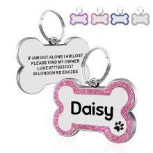 Personalised Engraved Dog Tag Cat ID Tags Zinc Alloy 25mm Glitter Bling Paw Print Tag ID Tags Pretty Gift for Your Pets (Bone-Pink)