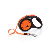 flexi Neon S | 5 m Retractable Tape Leash for Dogs up to 15 kg | Black/Neon Orange | Retractable Dog Lead | Weight: 210 g | Dimensions: 10 x 16.5 cm