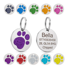Personalised Engraved Pet ID Tags for Dogs & Cats - Customised with Your Choice of Text on a Round Glitter Paw Print Stainless Steel Tag - Choice of