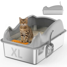 XL Stainless Steel Cat Litter Tray for Big Cats,High-Sided Anti-Leakage Litter Tray Cat Litter Box,60x40x33.5cm,Odour-Proof Non-Sticky Easy Clean,Ant