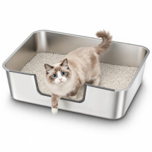 Stainless Steel Cat Litter Tray with Low Entry, Metal Cat Litter Box for Senior or Injured Cats, XXL Large Cats Toilet for Multiple Pets, Odour-Free,