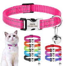 SEOUGEE Personalised Cat Collar with Name Tag, Adjustable Nylon Reflective Kitten Collars with Bell and Safety Buckle, Customize Engraved Pet Name &