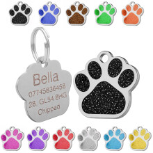 Personalised Engraved Dog Tag | Cat Tag | ID Tag for Pets | Stainless Steel Glitter Paw Print Name Tags 27mm (Black)