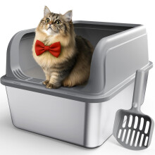 Powools Stainless Steel Cat Litter Tray, Top-Entry Design, M, Grey