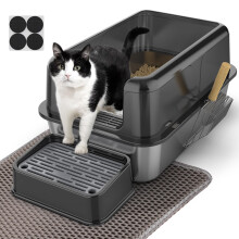 PKBD XL Stainless Steel Cat Litter Tray, Litter Box with Enclosure, Black