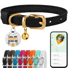 BRONZEDOG Leather Cat Collar with Removable QR-ID Tag – Kitten Collar with Bells, Non-Breakaway, for Girls & Boys (18-22 cm, Black & Gold)