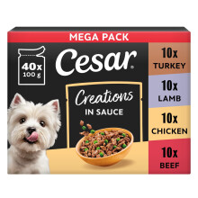 Cesar Creations 100g Adult Pouch 40-pack Beef Chunks & Carrots in Gravy/Chicken & Peas/Lamb & Vegetables/Turkey & Carrots in Tomato Sauce
