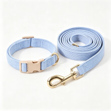 YUDOTE SkyBlue Corduroy Dog Collar & Leash Set Plastic Buckle Metal Clip M