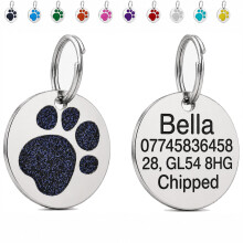 LarryRoo Personalised Dog Tag for Pet Deep Engraved Stainless Steel Pet ID Tag with Glitter Paw Print, Customised Contact Details for Dogs and Cats,