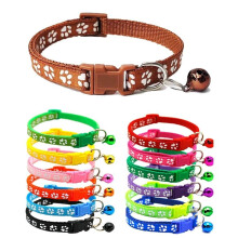 Small Dog Puppy Pet Collar Pawprint Design with Bell Nylon Adjustable Size 19-32cm Brown
