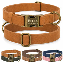 Personalised Leather Dog Collar with Name and Phone Number, Soft PU Leather Custom Dog Collar with Engraved Metal Buckle in UK, Vintage Adjustable Co