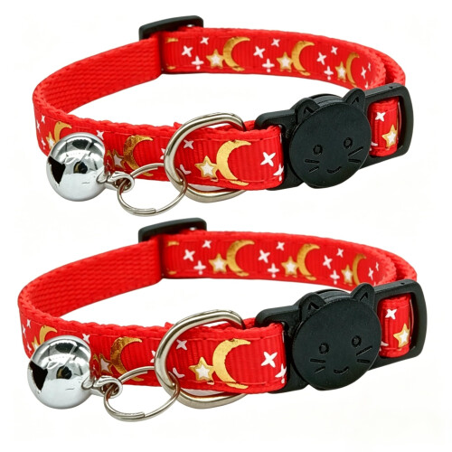 2Pack Cat Collars Quick Release Star Moon Pattern Reflective Kitten Collar with Bell & Safety Release (Red) 19-32cm