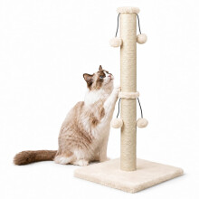 Dimaka 74 cm Cat Scratching Post, Natural Sisal Rope Scratch Post with 4 Teasing Toy Balls for Large Cats (Beige)