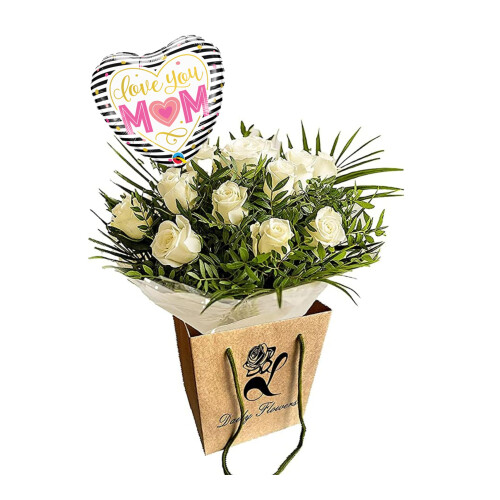 Pure Delight White Roses Bouquet Mum Balloon