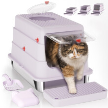 Stainless Steel Cat Litter Tray with Flip Hood, 57.5 x 36.5 x 38cm Lavender