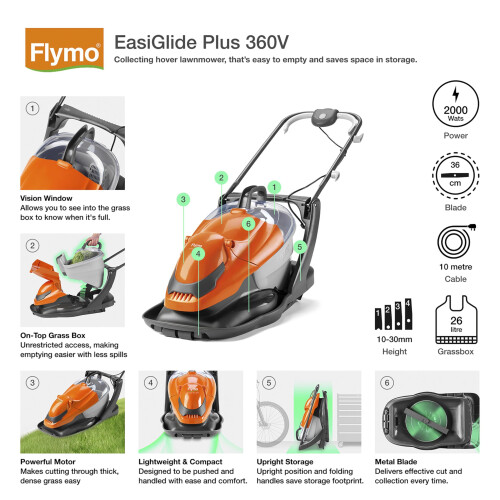 Flymo Flymo EasiGlide Plus 360V 36cm Hover Collect Corded Lawnmower 2000W 1