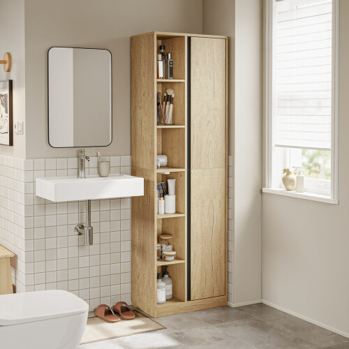 SoBuy Colonne SdB étroite éclairée chêne clair 1
