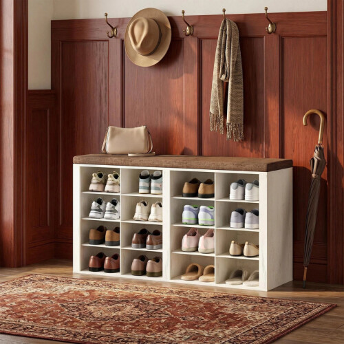 Shoe Storage Bench with Padded Seat, 16 Open Compartments