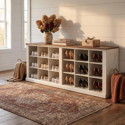 Shoe Storage Bench with 18 Compartments, White and Brown