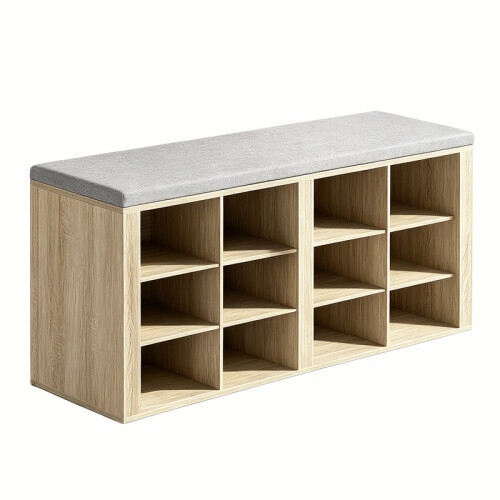 Shoe Storage Bench with Padded Seat, 12 Open Compartments