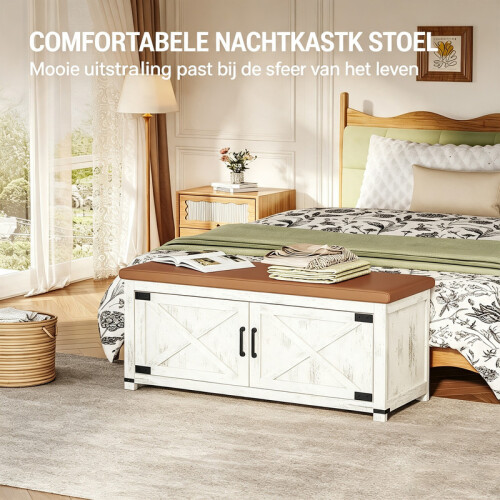 Shoe Storage Bench with 2 Barn Doors and Padded Seat White-Brown 1