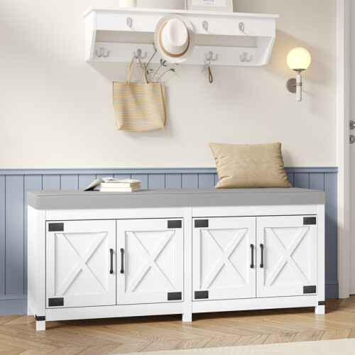Shoe Storage Bench with 4 Barn Doors and Padded Seat, White