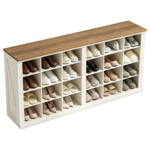Shoe Storage Bench with 24 Compartments, White and Brown