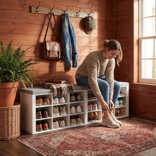 Shoe Storage Bench with Padded Seat, 18 Open Compartments